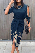 Fashion Elegant Print Slit Beading O Neck Dresses(4 colors)