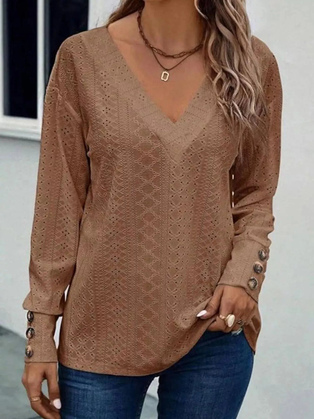 Eyelet V-Neck Long Sleeve Blouse