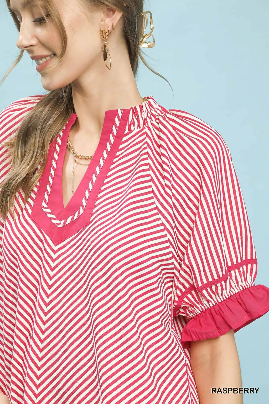 Umgee Stripe Ruffle Sleeve Split-Neck Blouse