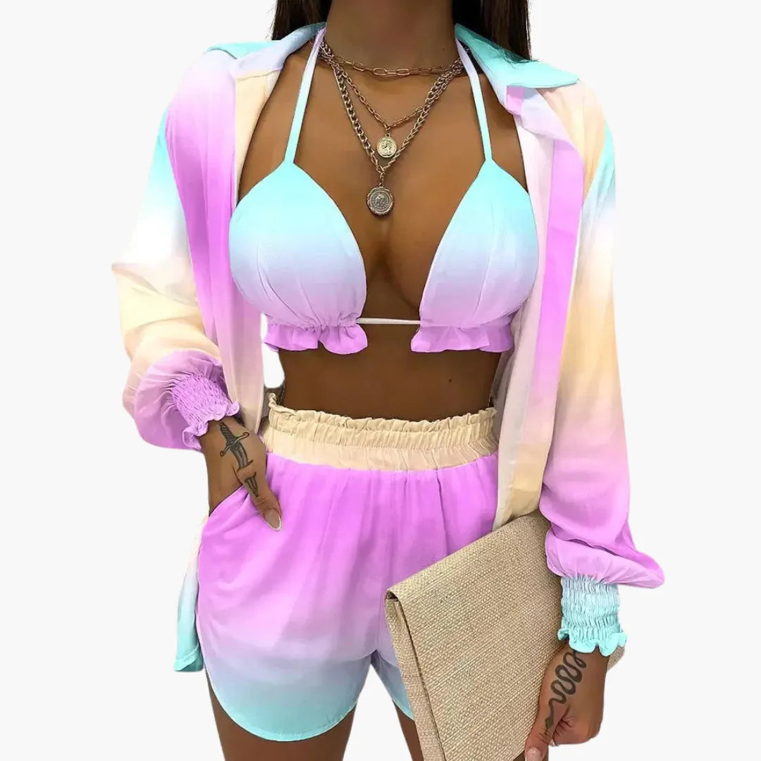 Womenâ€™s Beach Set with Ruffled Bikini Top, High-Waisted Shorts, and Cover-Up