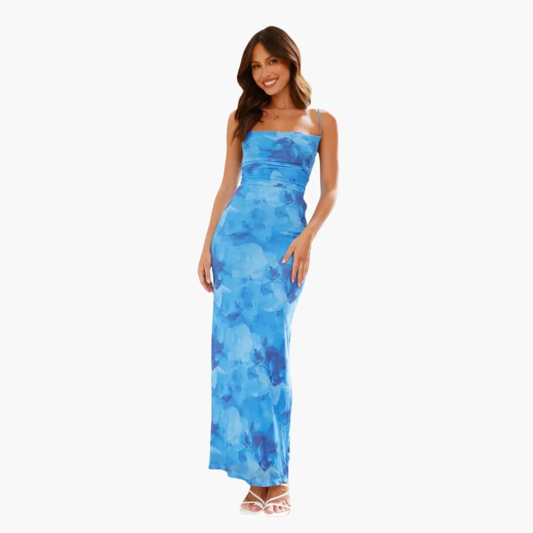 Womenâ€™s maxi dress with cowl neckline and lace-up back