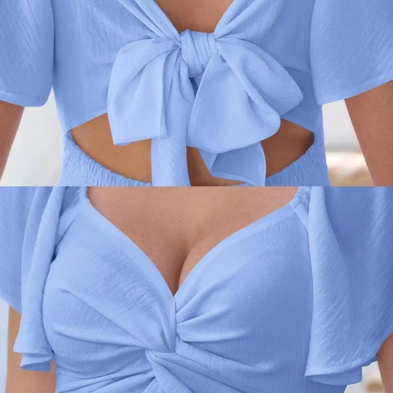 V Neck Twist Front Flare Sleeves Cut Out Mini Dress