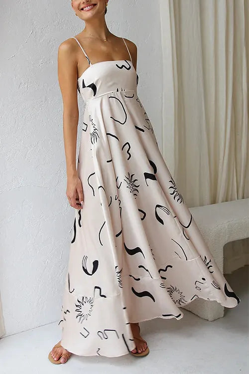 High Waist Graffiti Print Ruffle Swing Maxi Cami Dress