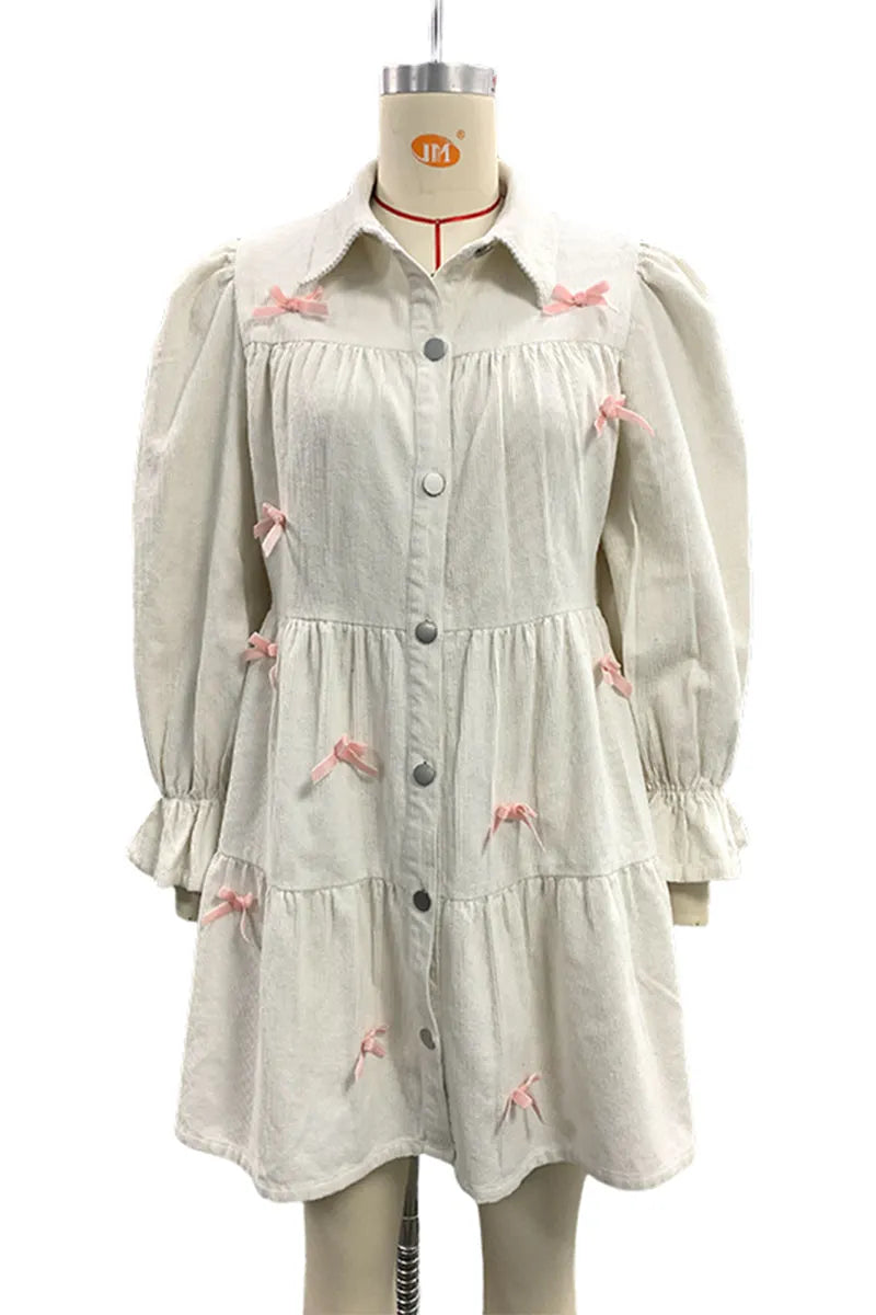 Elegant Buckle Bow Decor Contrast Turndown Collar A Line Dresses