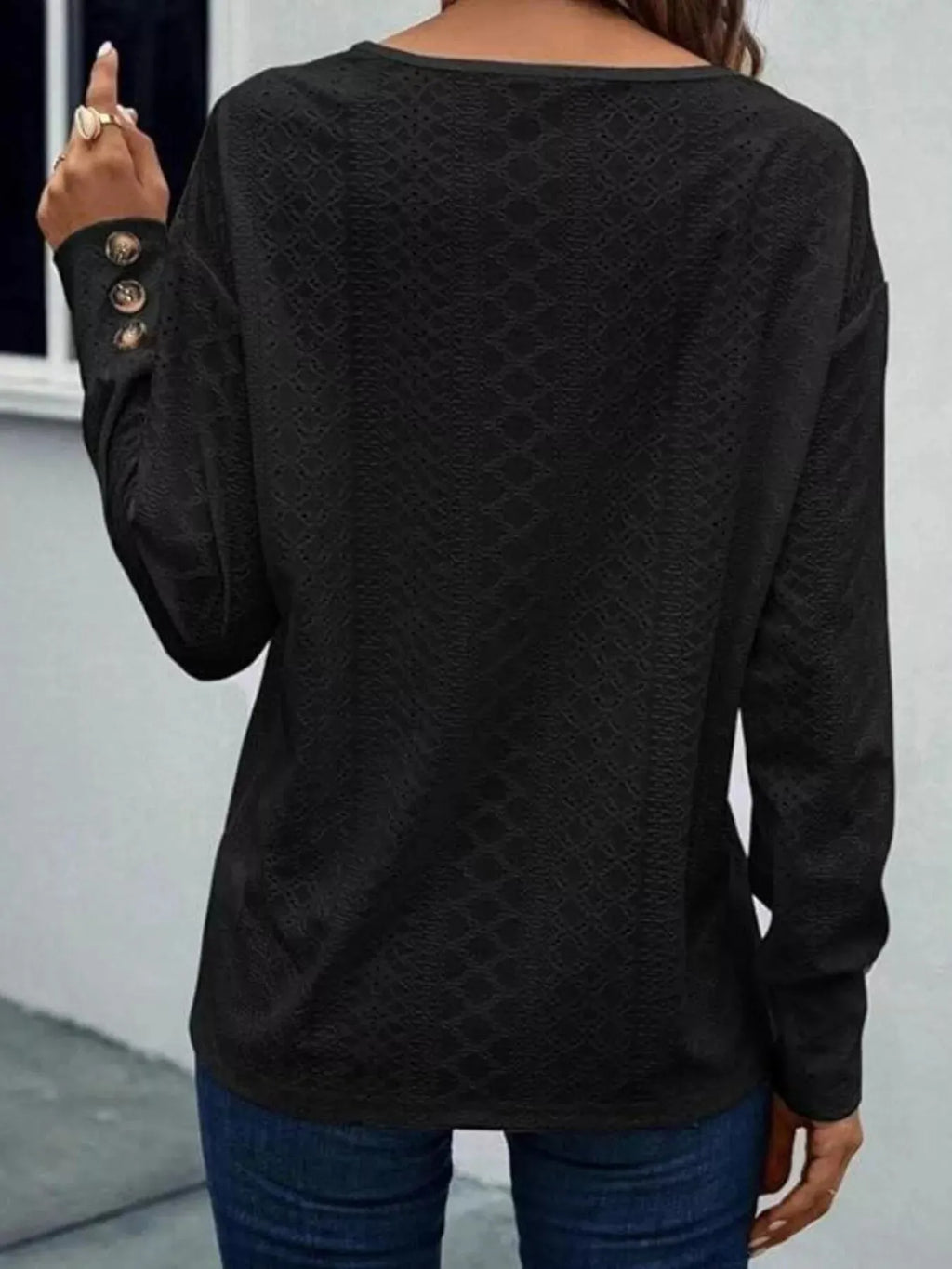 Eyelet V-Neck Long Sleeve Blouse