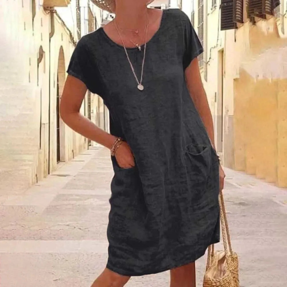 Leinen-Tunikakleid - Kurzarm-Sommerkleid mit Taschen