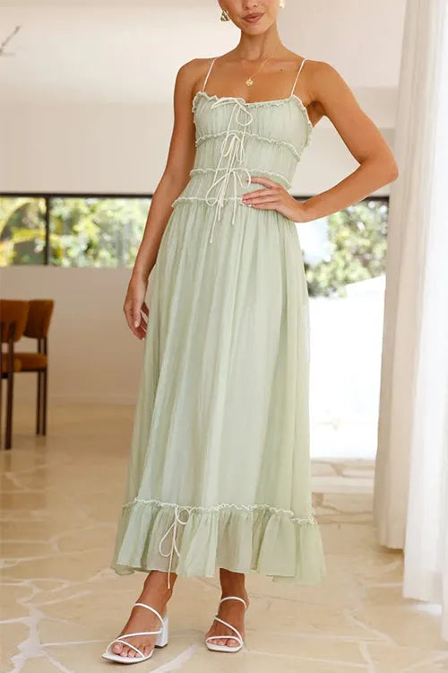 Frill Trim Lace Up Ruched Maxi Cami Dress