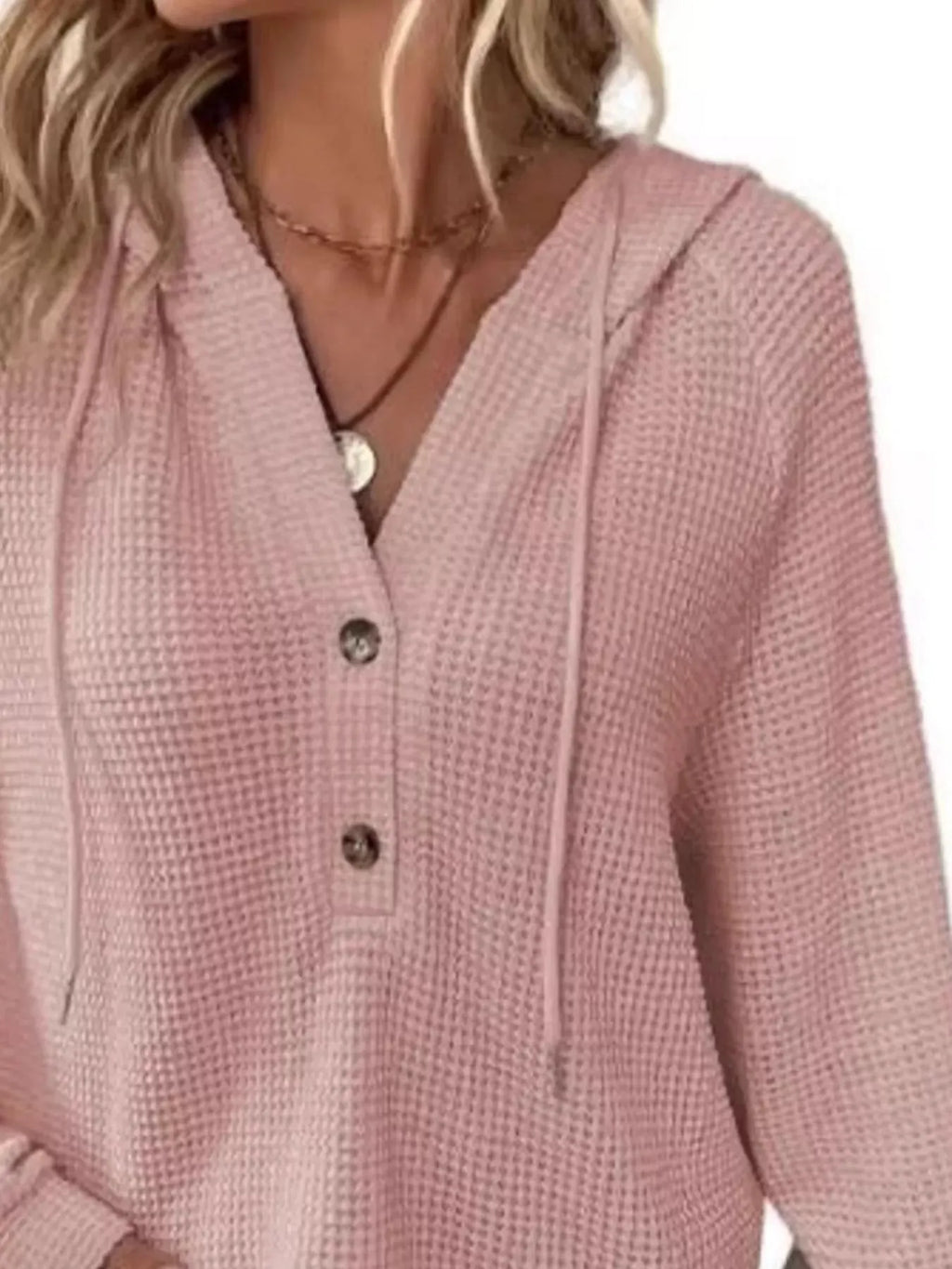 Full Size Button Detail Waffle Knit Hoodie Plus Size
