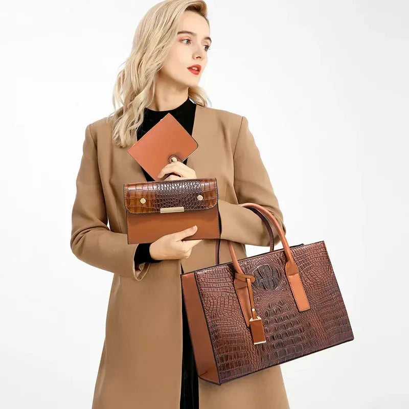 Stella | Elegant håndtaskesæt med krokodilleskindsmønster, pung og clutch