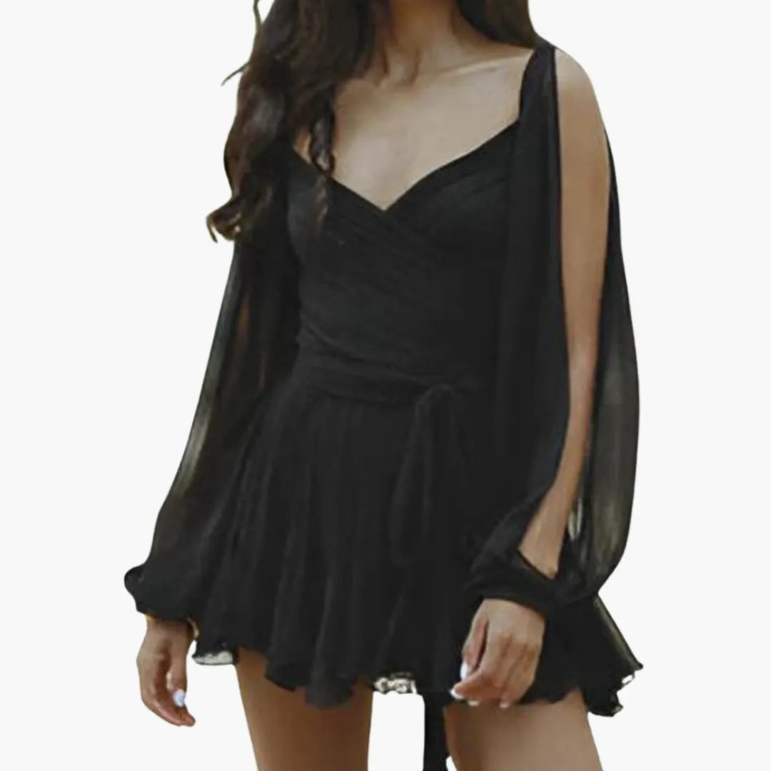 Womenâ€™s Airy Summer Mini Dress with Tie Waist and Balloon Sleeves
