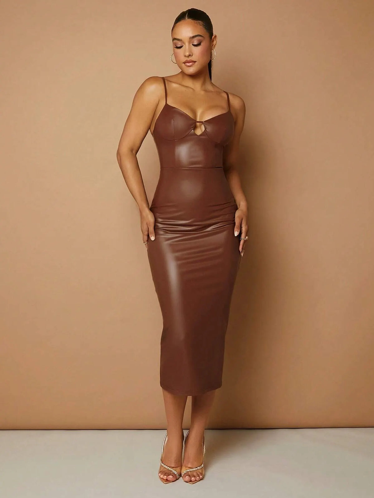 Vestido Midi Em Couro Marrom Lara