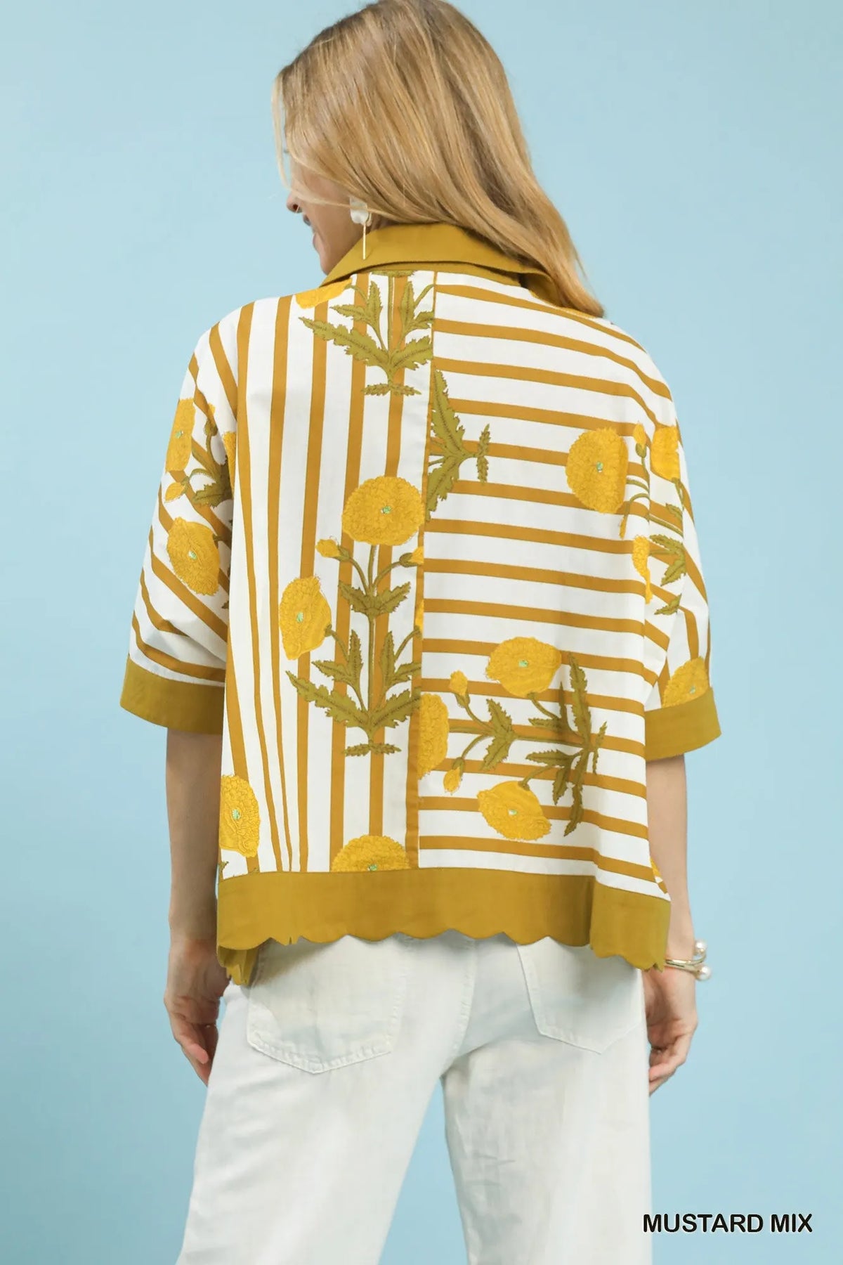 Umgee Mix Floral Stripe Button Down Top