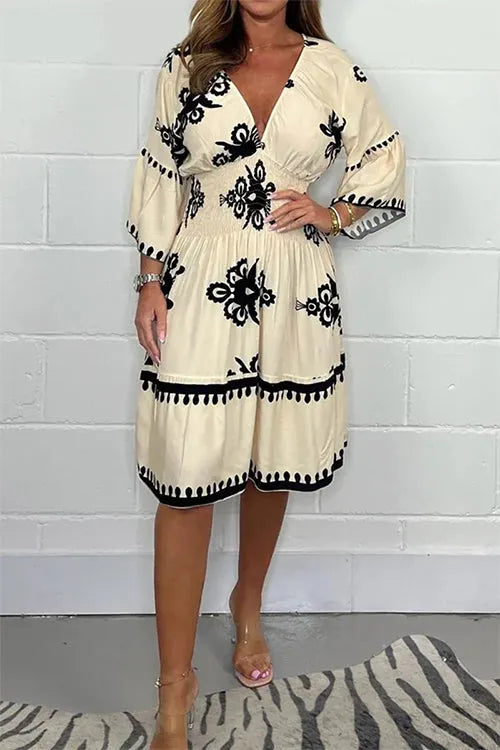 V Neck 3/4 Sleeves High Waist Printed Dress