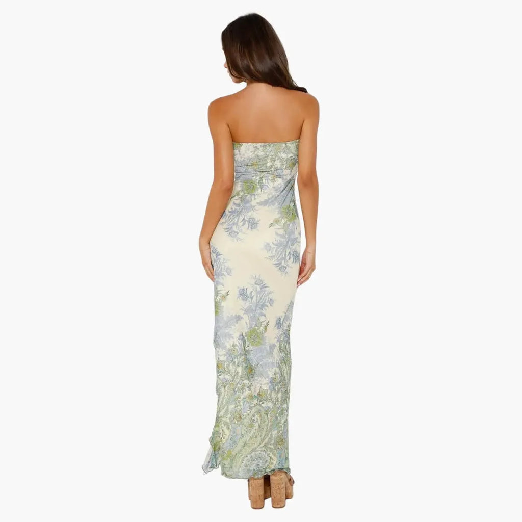 Womenâ€™s strapless maxi dress with high slit and floral print