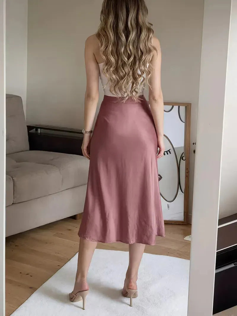 Satin Skirt for Women with High Split and Knot Details