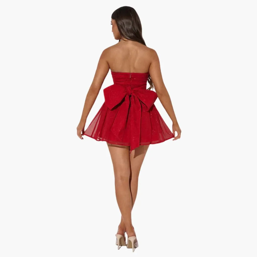 Womenâ€™s mini dress with bandeau neckline and flared skirt