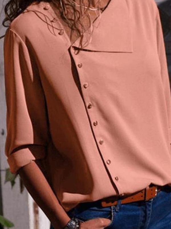 Casual Solid Color Irregular Diagonal Collar Button Long Sleeve Shirt