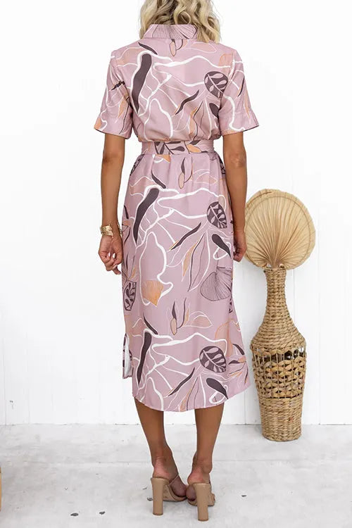 Short Sleeves Tie Waist Side Slit Printed Midi Shirt Dress