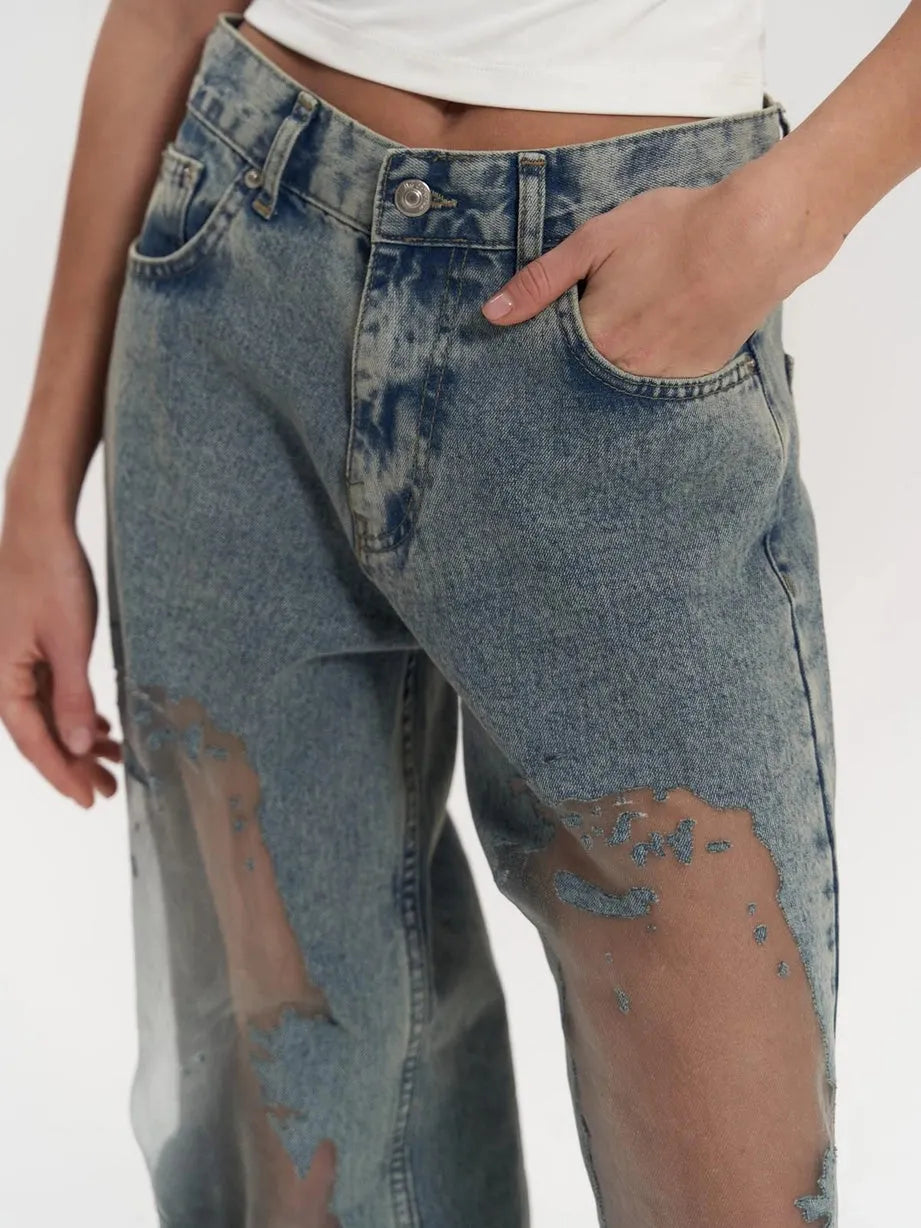 Trixie – Denim Bukser med Gennemsigtige Detaljer