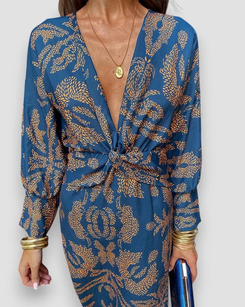 Bedrucktes Langarmkleid – V-Ausschnitt mit Knotendetail