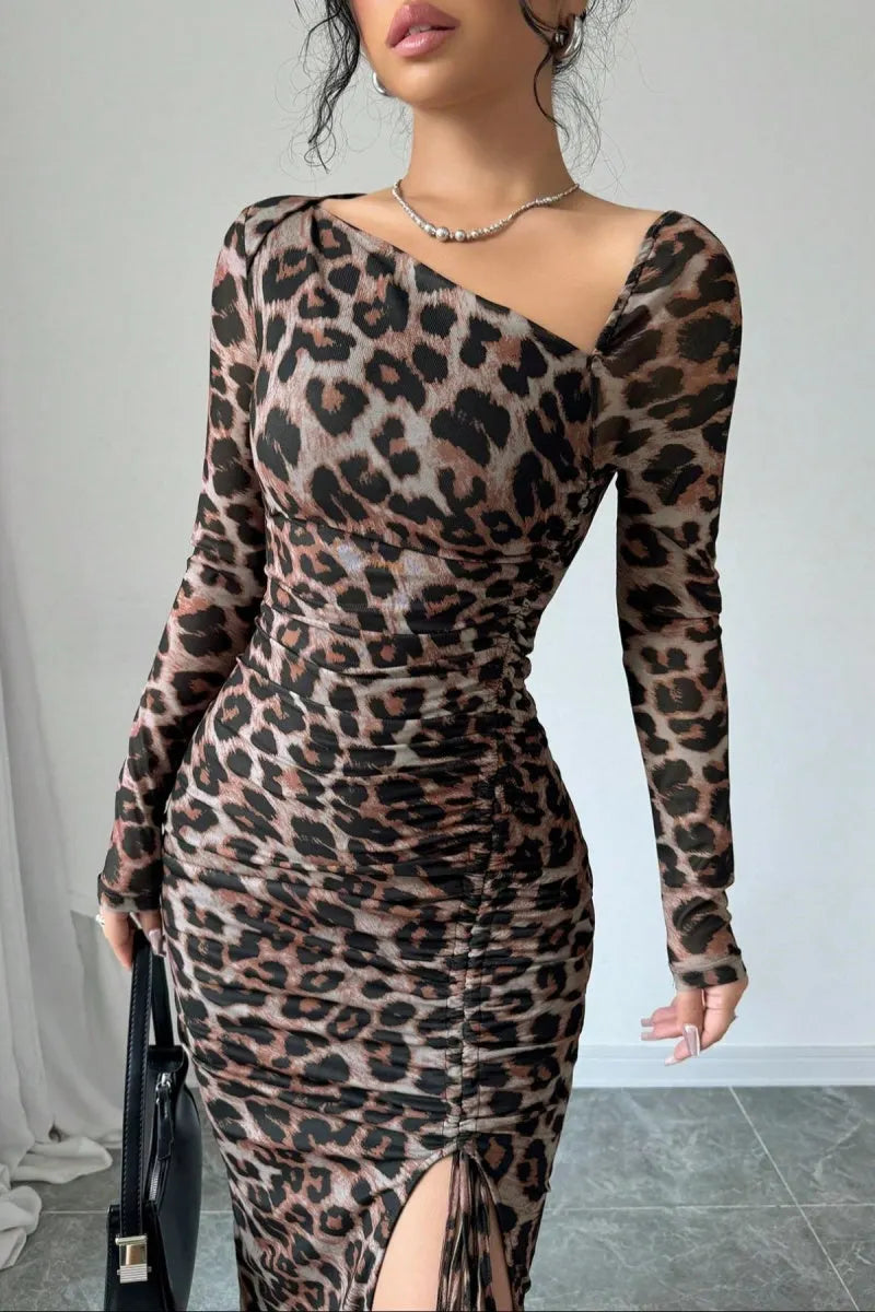 Sexy Casual Leopard Print Draw String Lace Up Slit Oblique Collar Long Sleeve Dresses