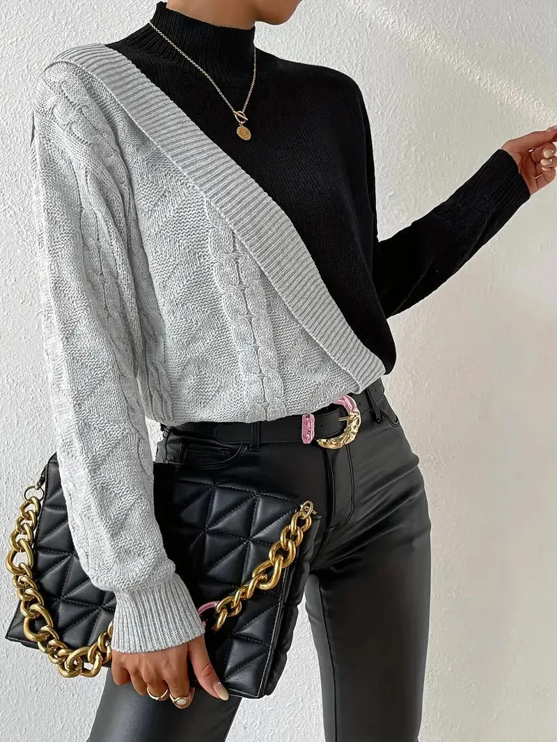 Farbblock Rollkragenpullover – Edles Zopfstrick Design