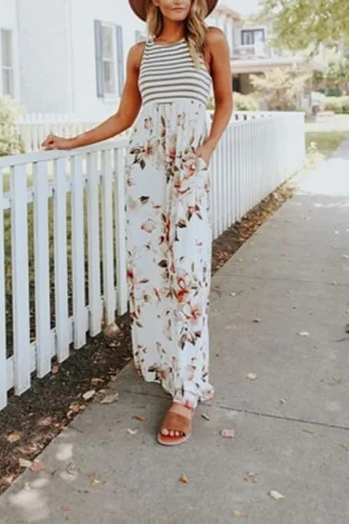 Sleeveless Stripes Splice Floral Maxi Dress