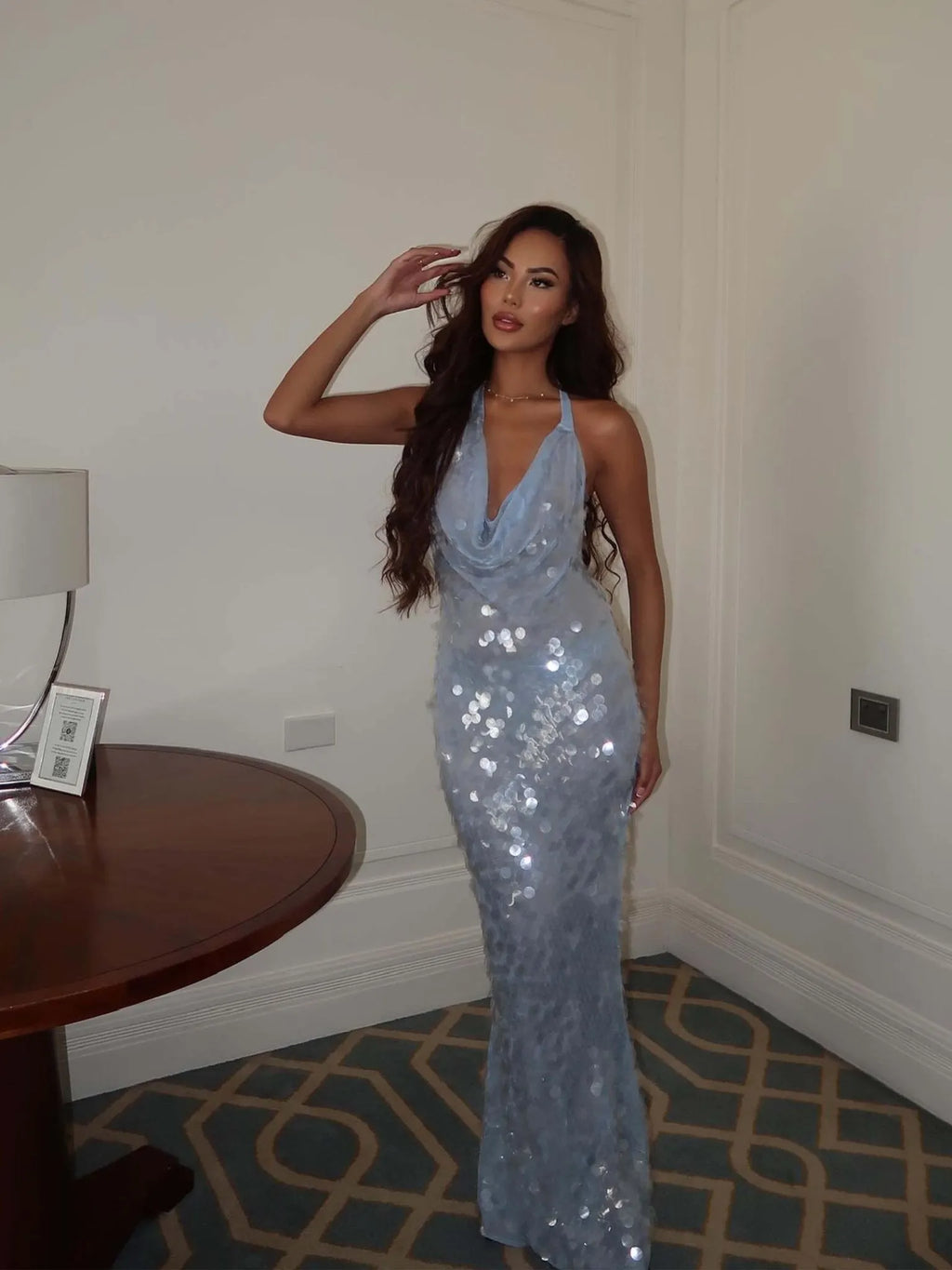 Blue Sequin Maxi Dress for Women with Halter Neck