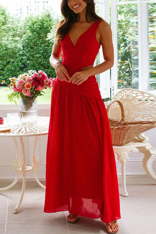 V Neck Sleeveless Cut Out Swing Maxi Dress