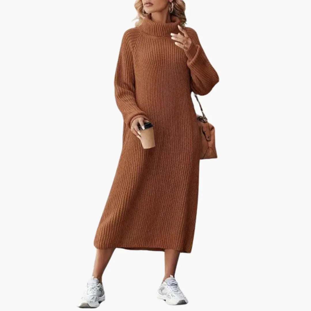 Women's Midi Dress with Turtleneck and Side Slits