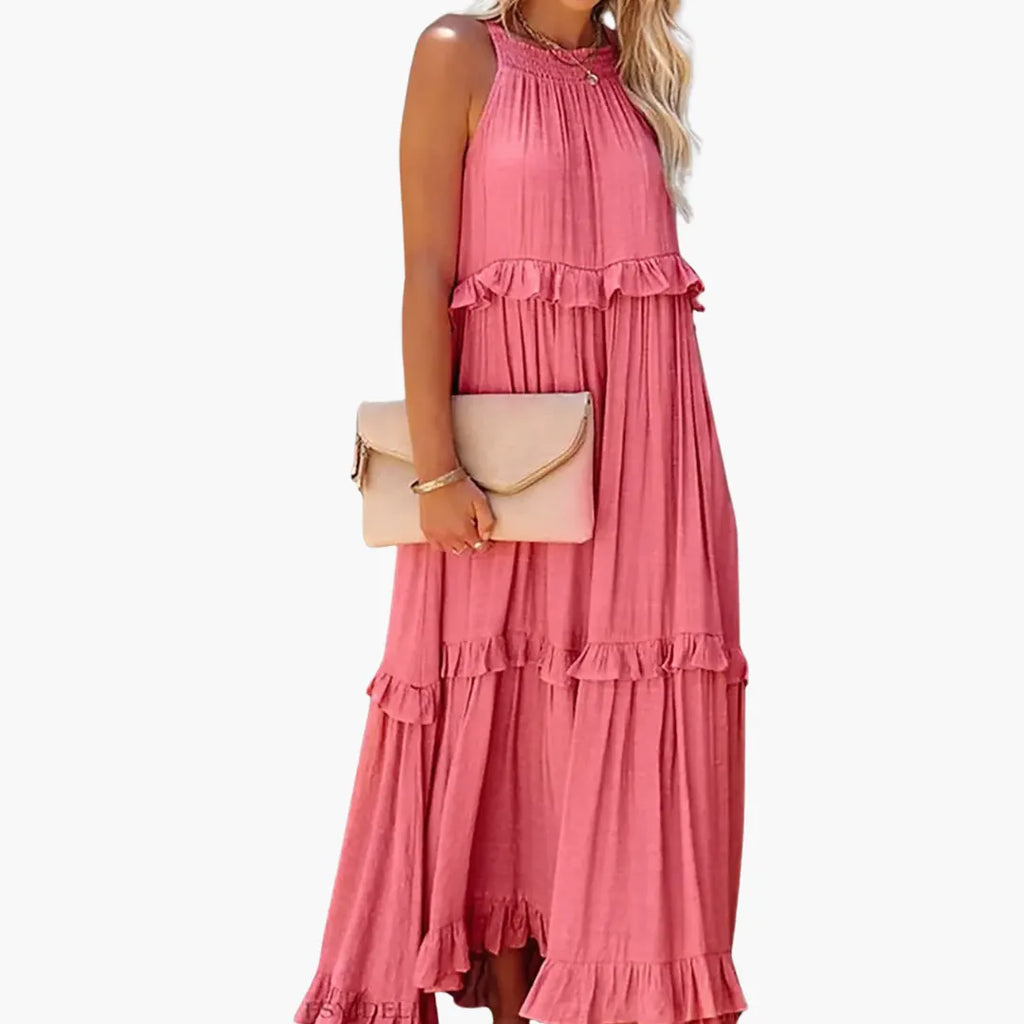 Womenâs Maxi Dress with Cascading Ruffle Tiers and Adjustable Straps