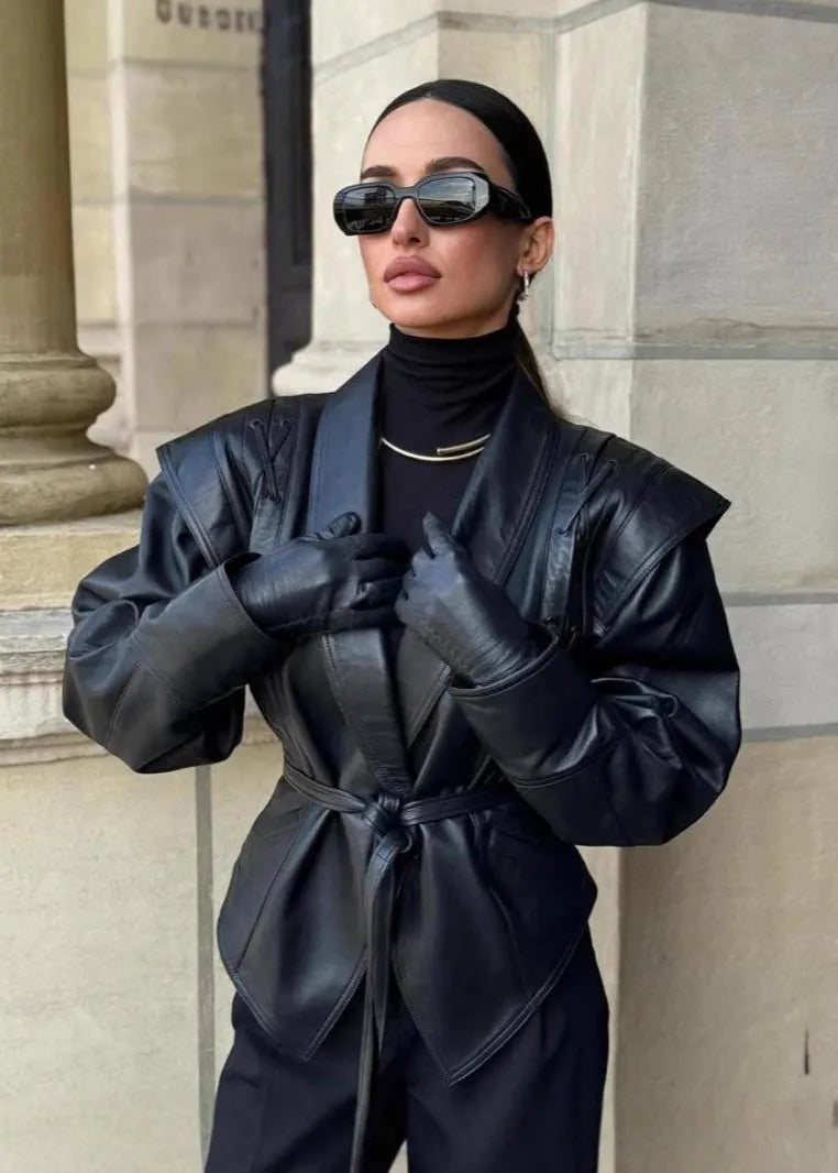 Trendy Black PU Leather Women's Blazer with Belt