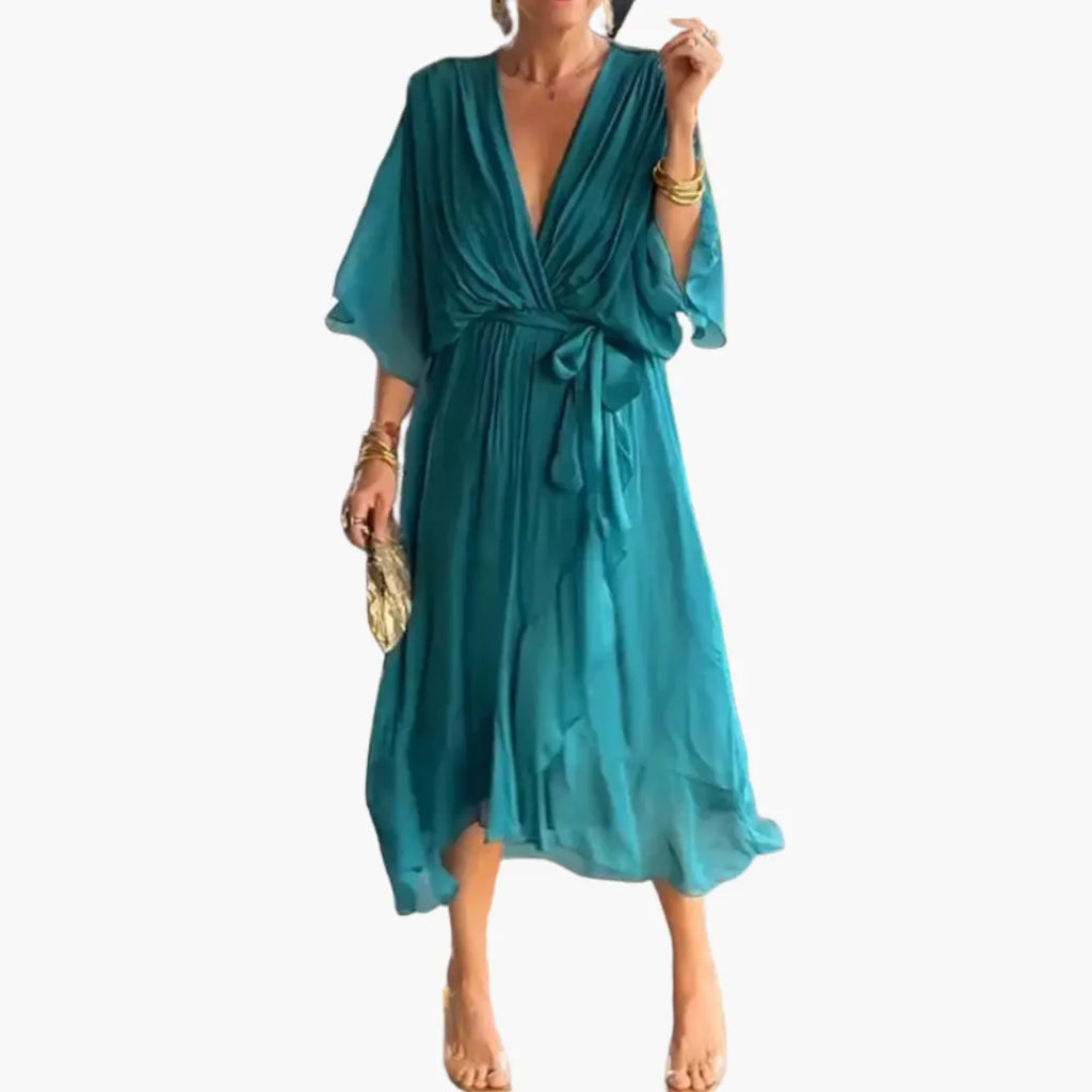 Womenâ€™s Midi Dress with Tie and Sleeves