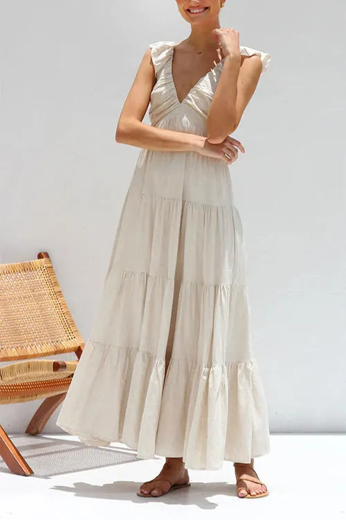 V Neck Ruffle Trim Tiered Sleeveless Linen Maxi Dress