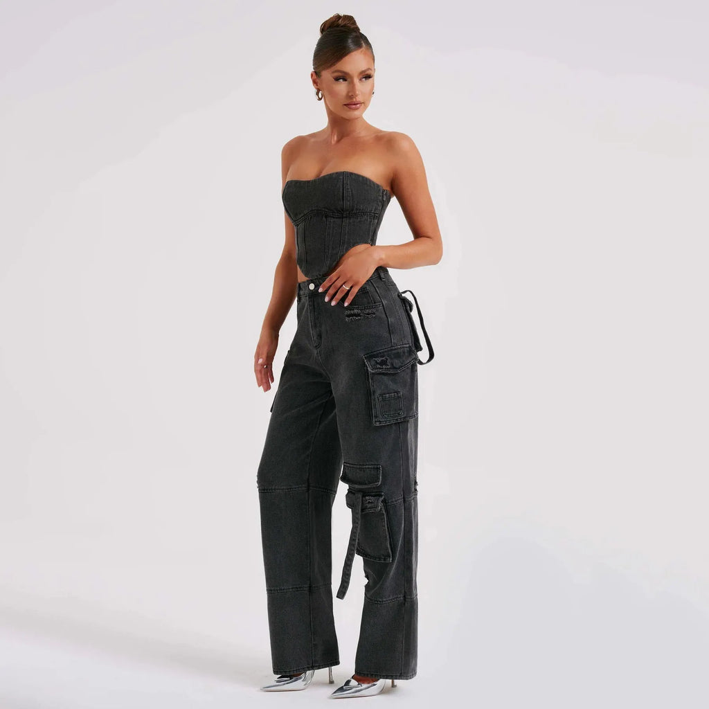 JUTTA | Relaxed Fit Cargo Jeans Voor Dames | Bijpassende Top - Stoer, Elegant & Stijlvol