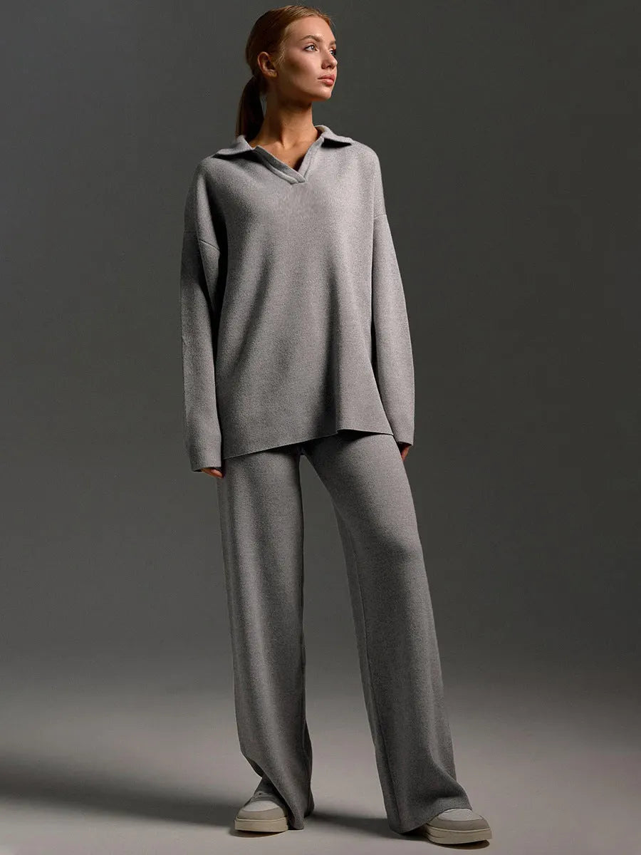 Sandy | Lounge Set with Wide Pants and Polo Sweater