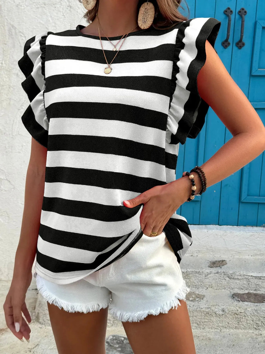 Contrast Striped Ruffle Sleeve T-Shirt