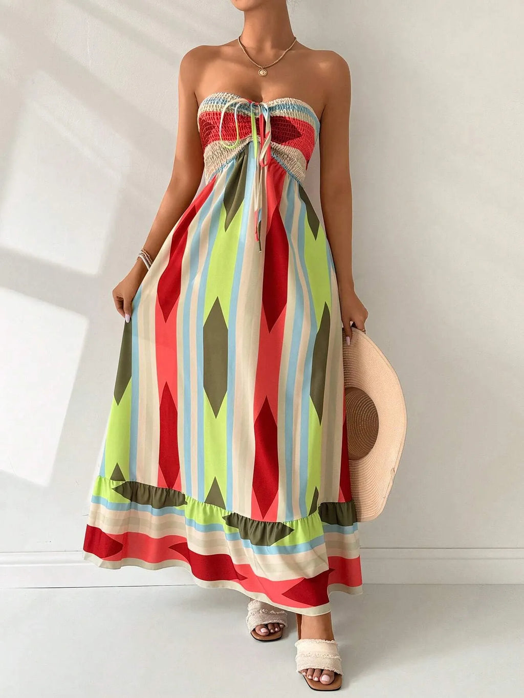 Vestido Longo GeomÃ©trico Multicolorido Bandeau