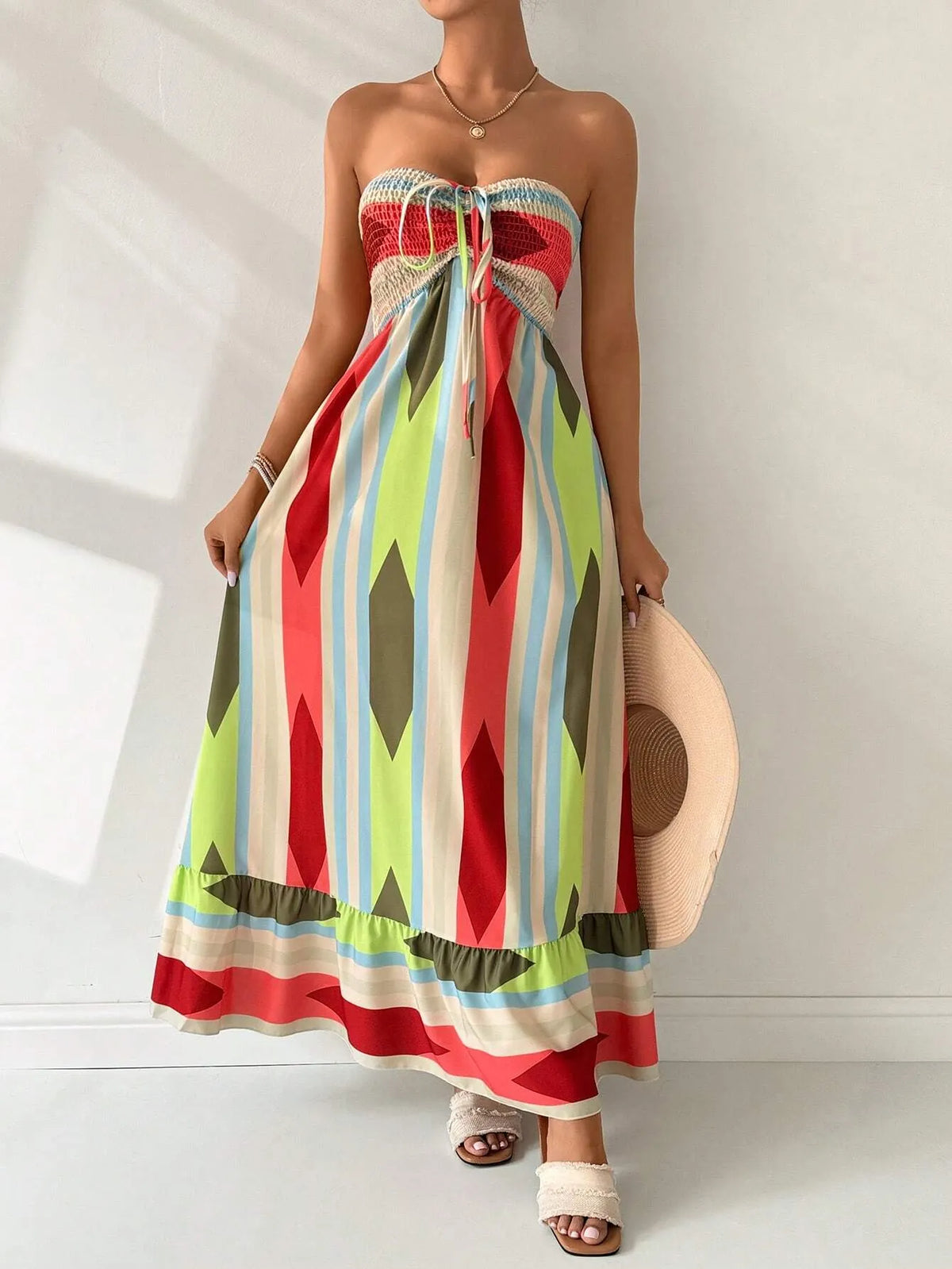 Vestido Longo GeomÃ©trico Multicolorido Bandeau
