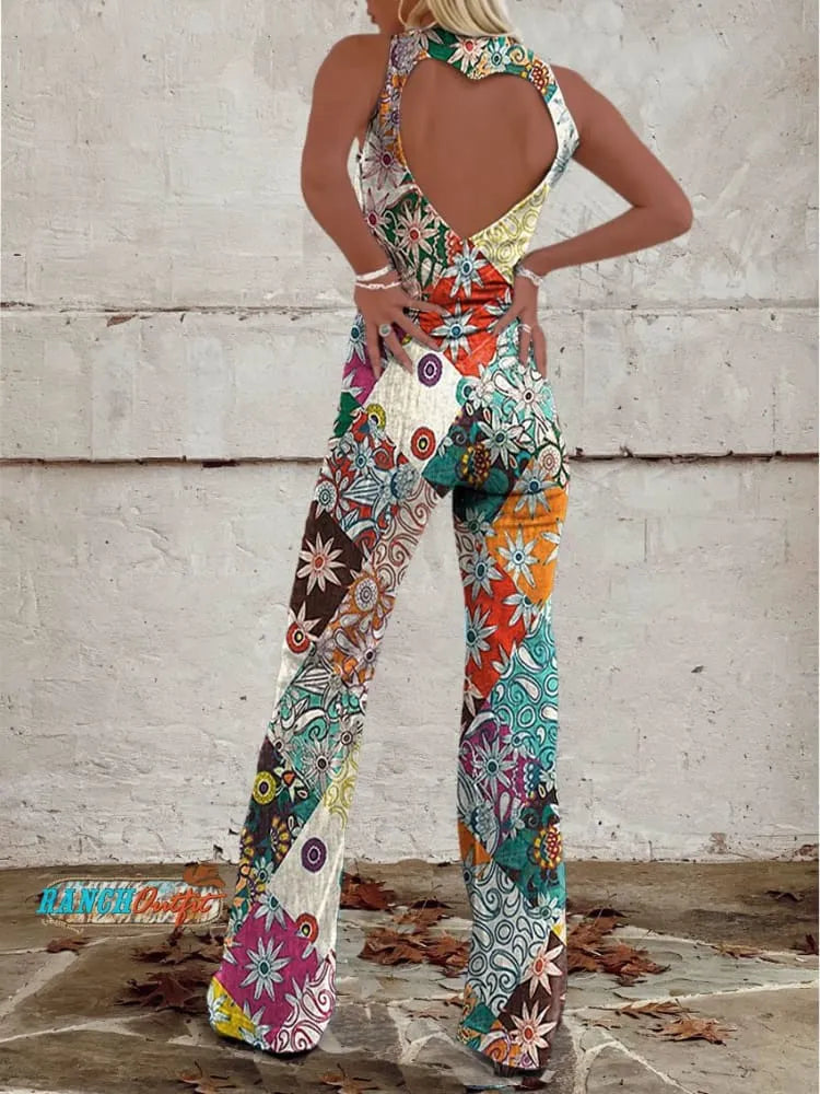 Floral Gespalten Denim Jumpsuit