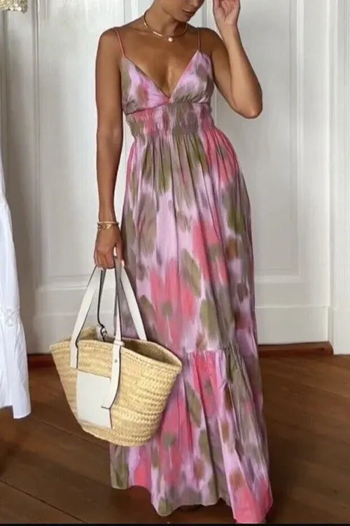 V Neck Open Back High Waist Tie Dye Maxi Vacation Dress