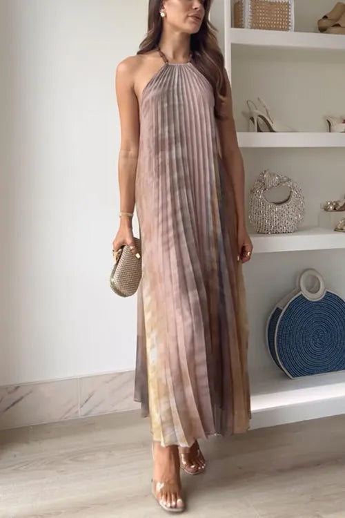 Halter Sleeveless Printed Flowy Maxi Pleated Dress