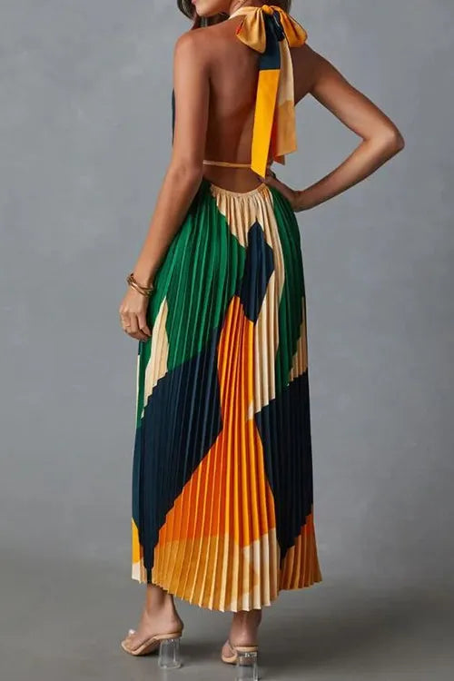 Halter Backless Color Block Printed Maxi Pleated Dress