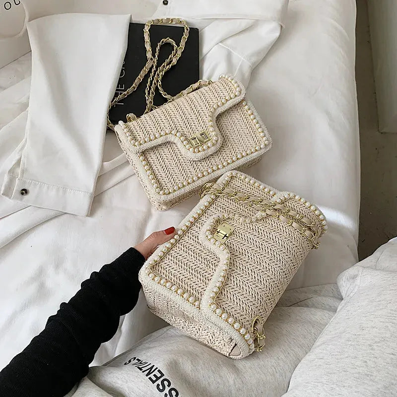 Baili | Elegant Woven Shoulder Bag with Pearl Details