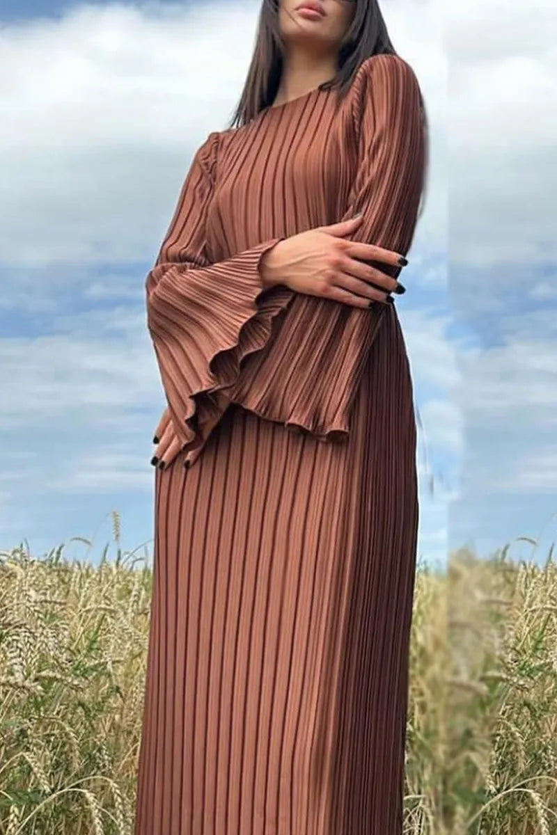 Street Solid Patchwork Pleated O Neck Long Dress Dresses