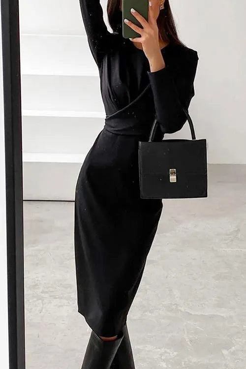 Solid Front Cross Slit Back Ruched Midi Dress