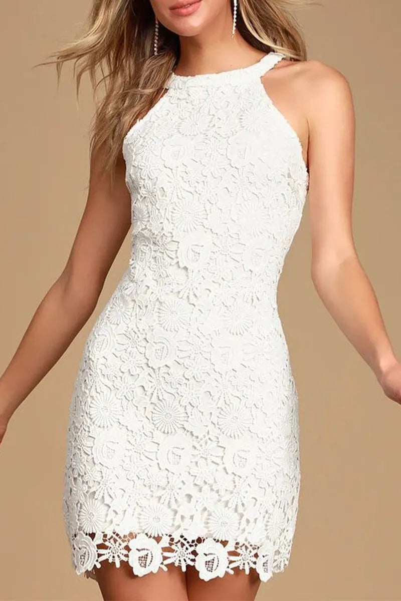 Sexy Solid Jacquard Lace Halter Wrapped Skirt Dresses