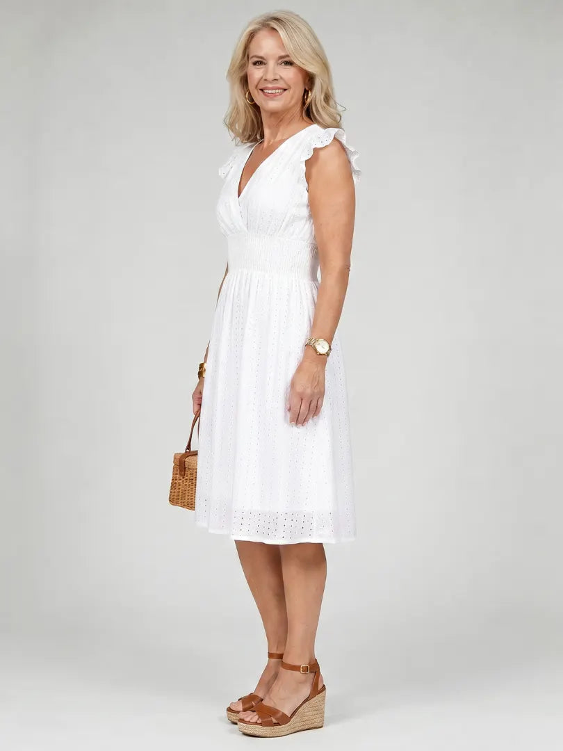 Cemlo | Sleeveless Eyelet V Neck Midi Dress