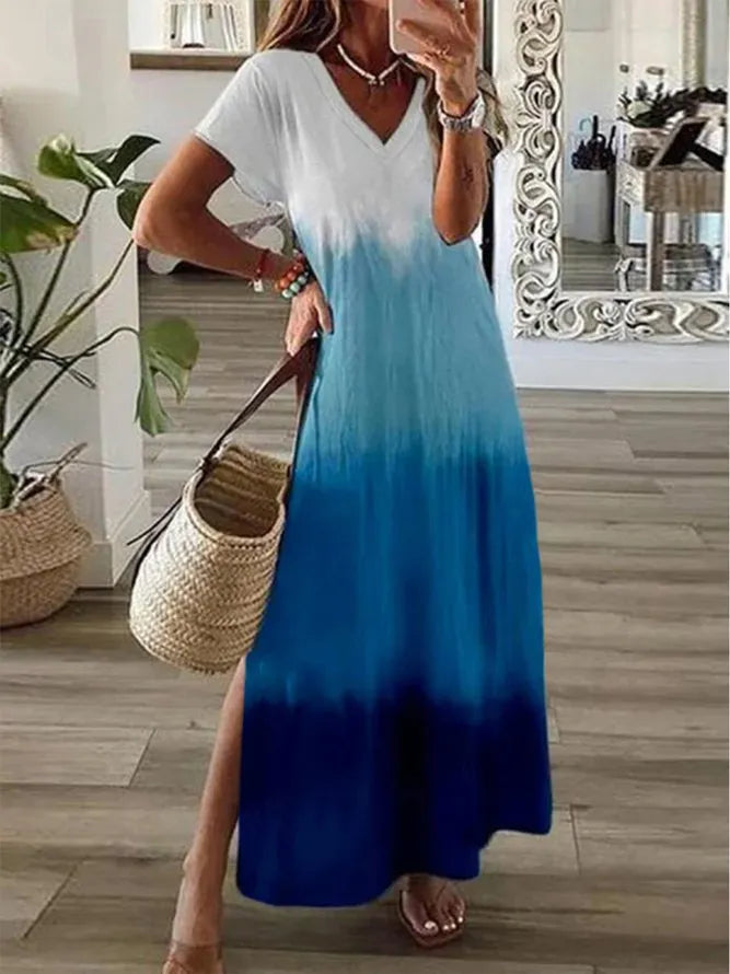 Plus Size Casual Ombre V neck Short Sleeve Knit Dress
