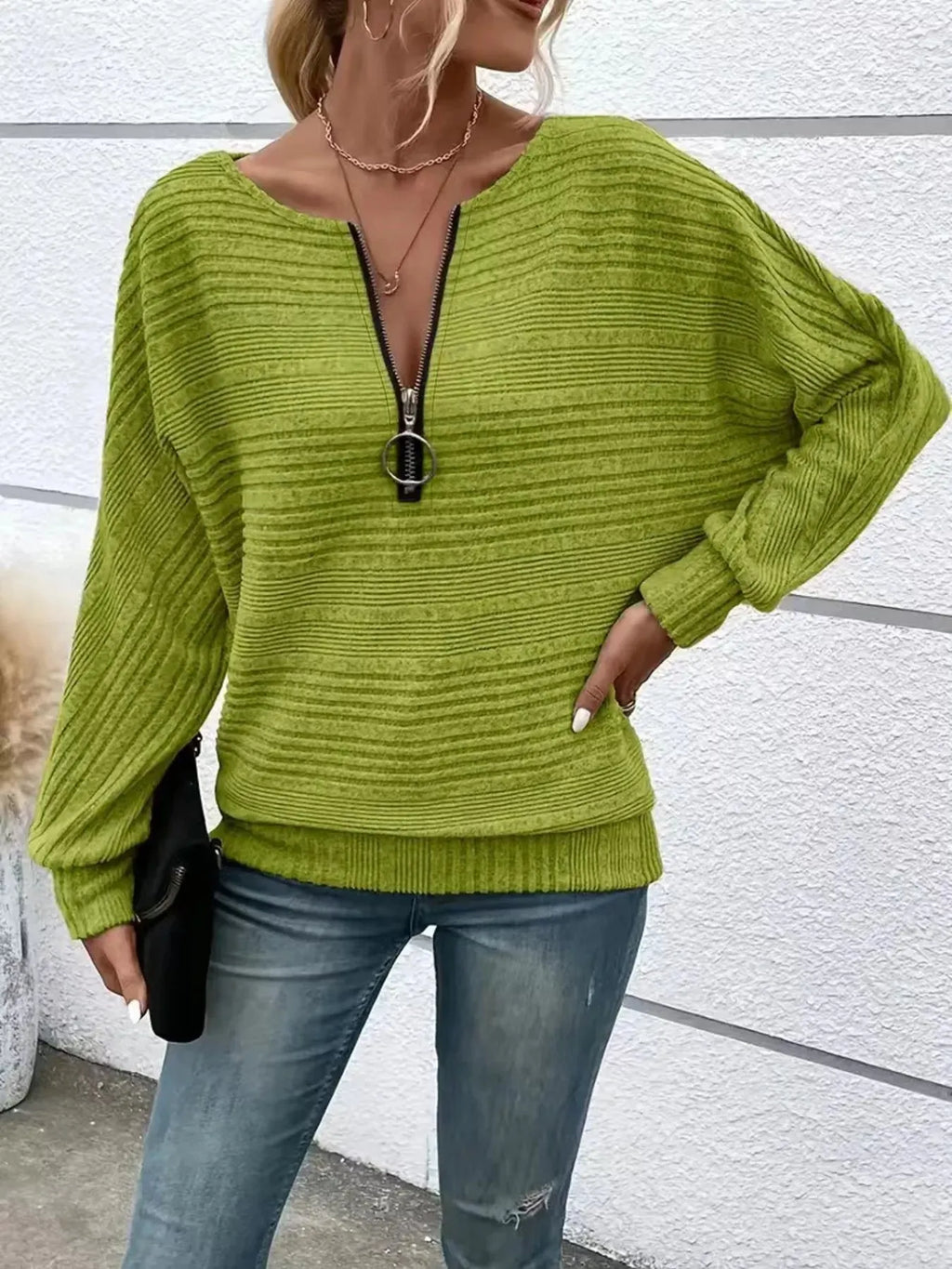 Ribbed Knit Quarter Zip Sweatshirt